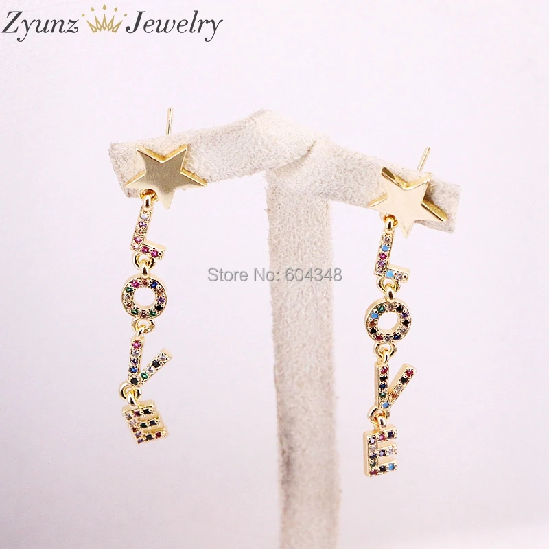 

5Pairs High quality letter LOVE earring for girl women paved rainbow cz love gift unique jewelry golden Summer style
