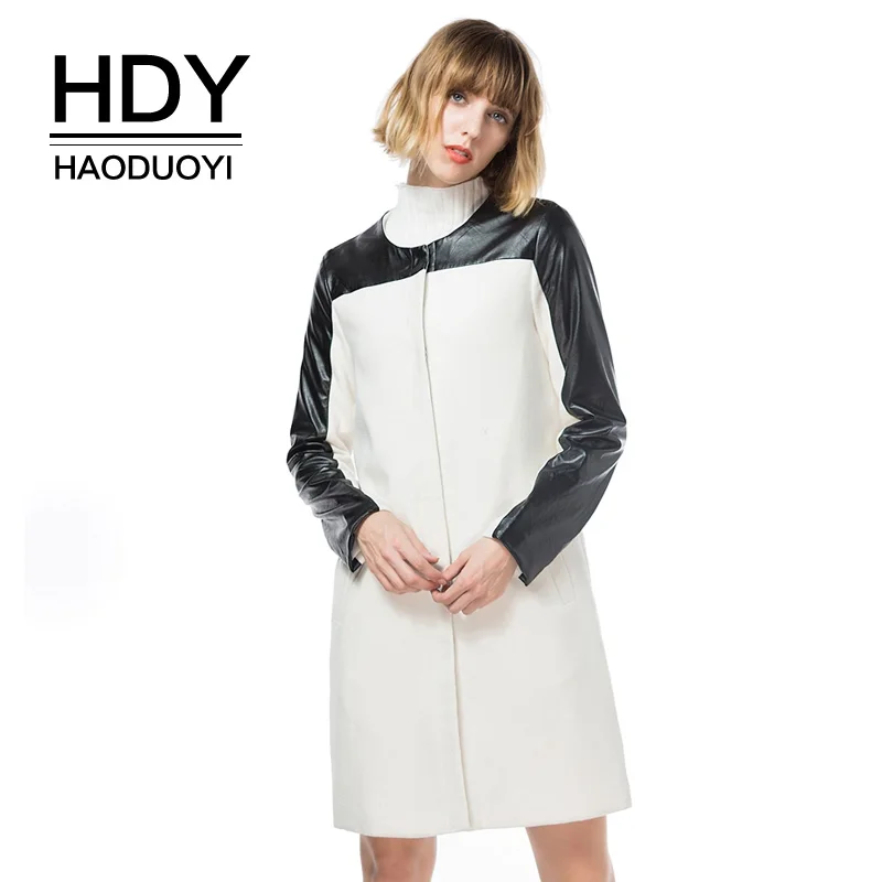HDY Haoduoyi 2017 осеннее пальто Шерстяная Смесь искусственная кожа Лоскутная тонкая