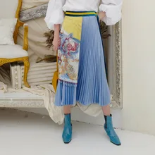 Новая весенняя женская эластичная юбка с высокой талией в стиле пэчворк с цветочным принтом и кисточками, женская модная плиссированная юбка, пляжная юбка макси