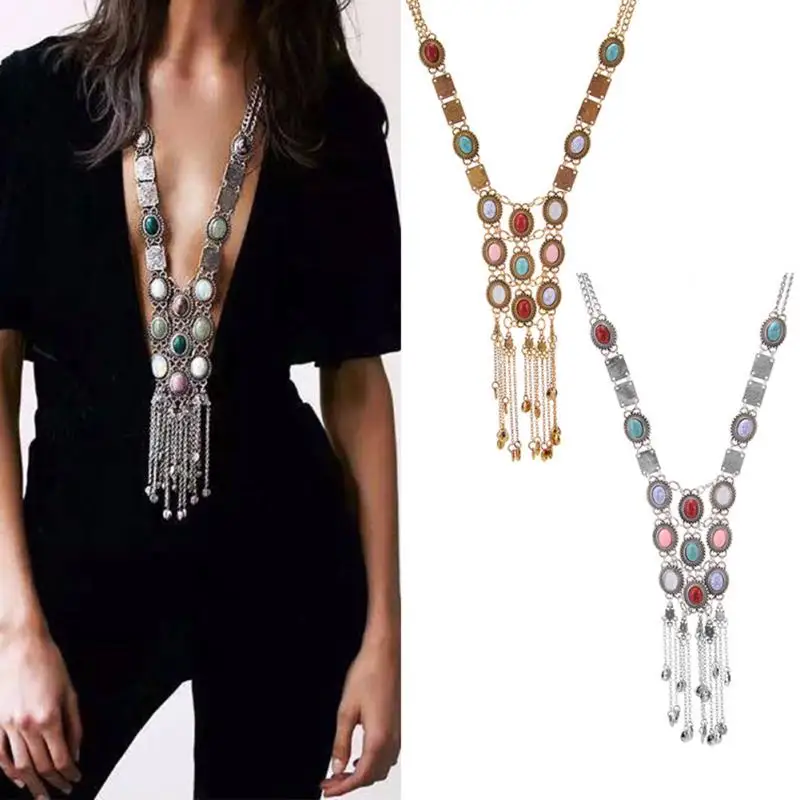 

Bohemian Vintage Necklace Women Fashion Silver Gold Color Chain Bead Long Tassel Pendant Necklace Ladies Indian Chokers Gift #2