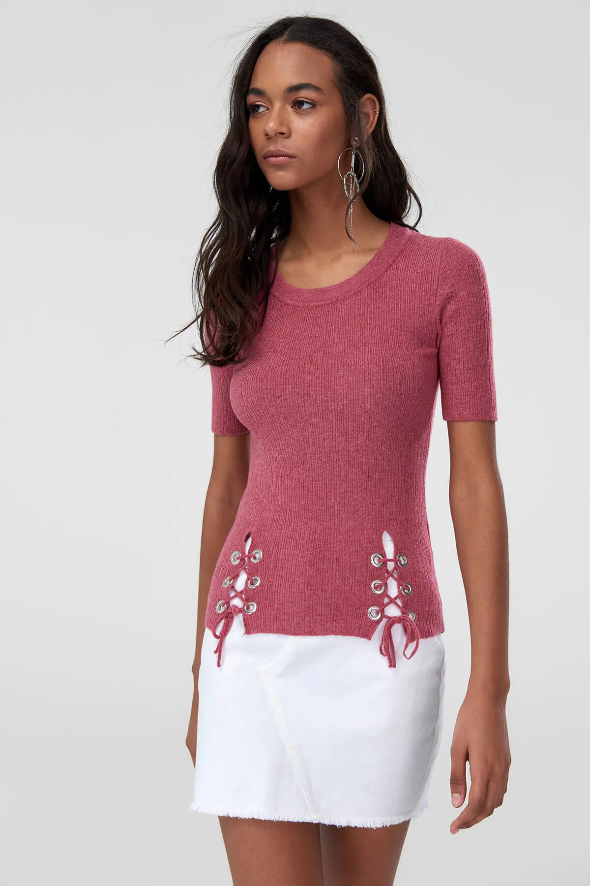 Trendyol Red Short Sleeve Sweater Tops TCLAW18MY0086 Eyelet Detail |