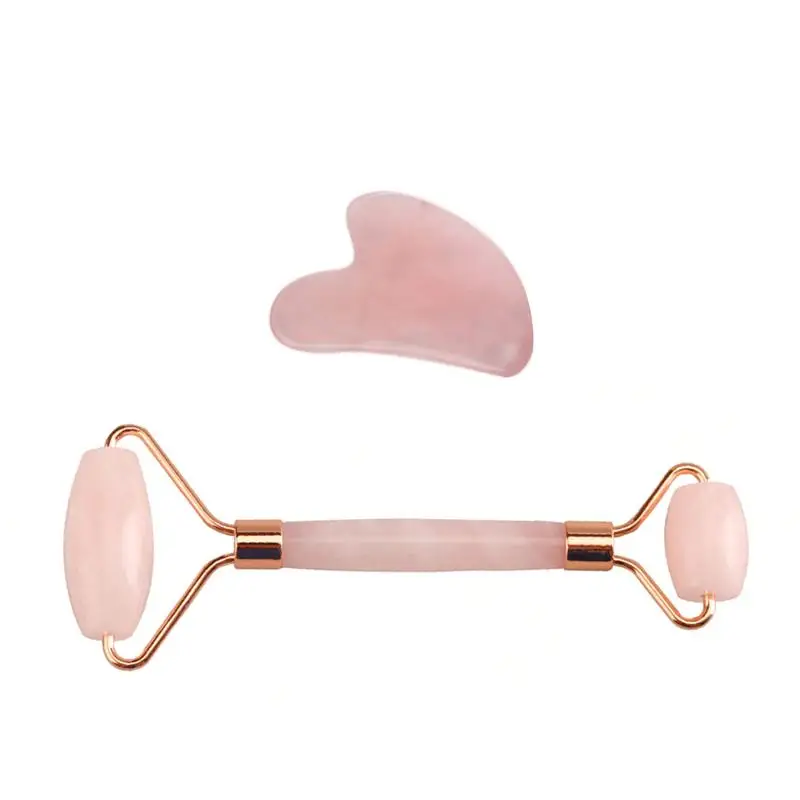

Rolling Massager and Gua Sha Tool Set Rose Quartz Face Eye Neck Skin Roller for Anti Aging Wrinkle No Squeaks