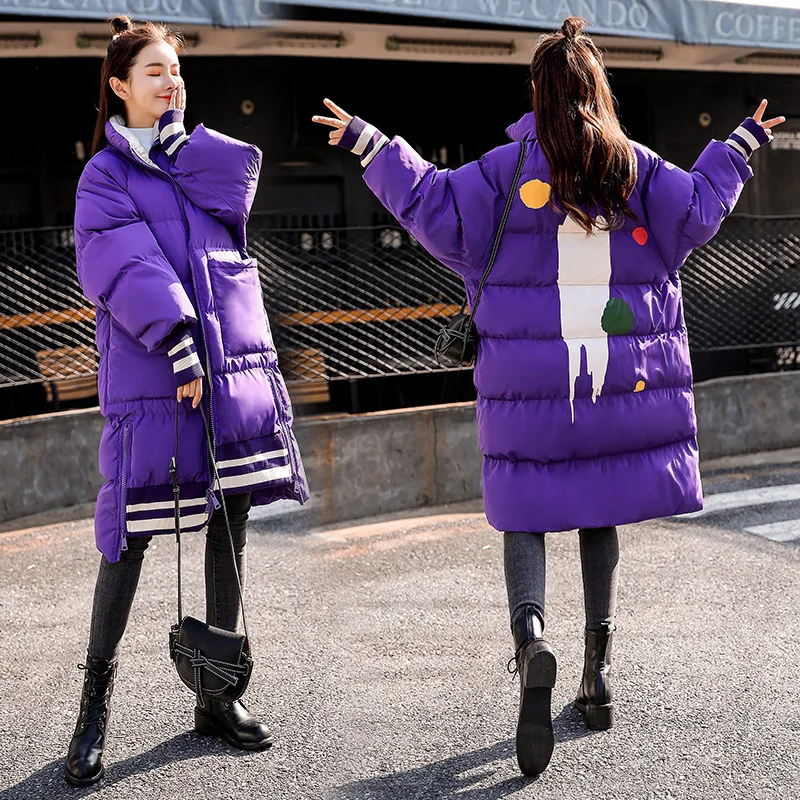 Новая зимняя куртка женская одежда Повседневная парка с принтом Корейская Верхняя одежда со стоячим воротником Свободное пальто размера плюс с хлопковой подкладкой женское C010