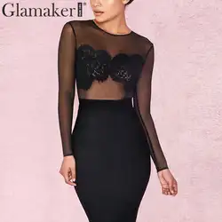 Glamaker, кружевной сетчатый черный комбинезон с круглым вырезом, женский комбинезон с длинными рукавами, сексуальный базовый комбинезон с