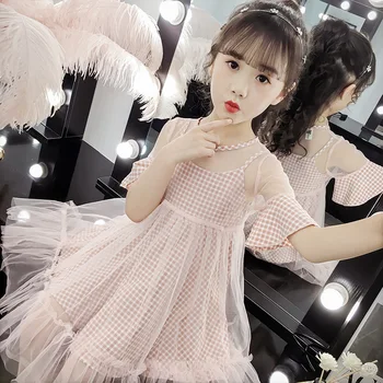 

Girls 2019 Children Casual Sweet Lattice Camisole Dress Gauze Dresses