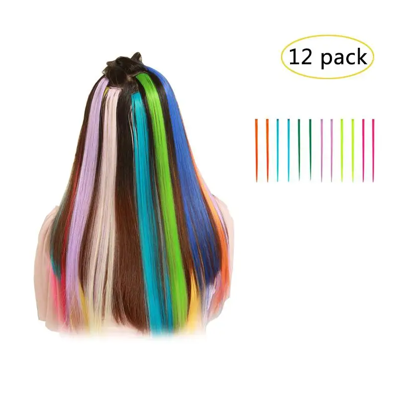 

MISSKY 12pcs Wigs Strip Hair Extensions 22" Straight Fashion Hairpieces with PP Clip for Party Highlights (pack of 6 colors)