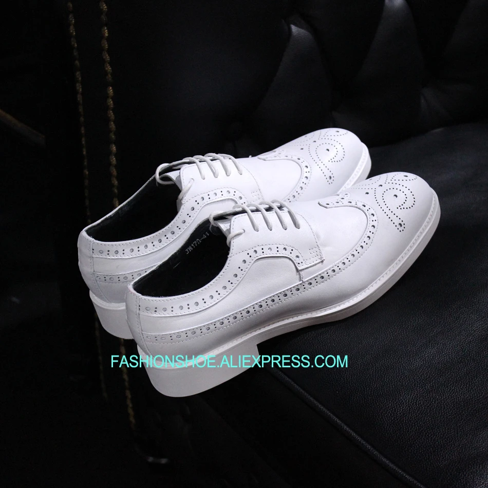 

White Formal Business Shoes Carved Brogue Leather Shoe Men Full Grain Leather Lace Oxfords