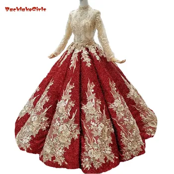 

2018 Muslim Champagne Lace Burgundy O-neck Floor-length Indonesia South East Asia Bridal Gowns Ball Gown Vintage Wedding Dresses