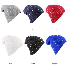 Зимняя шапка Осенняя шапочка Шапки Для женщин мягкий трикотаж шапочки шляпа Женская мода Rhinestone хлопок шляпа Кепки
