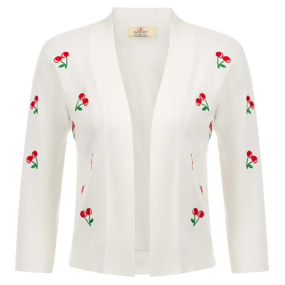 

GK open stitch coats Women autumn elegant Cherries Embroidery 3/4 Sleeve Open Front Cropped Knitting Coat shrug bolero lady