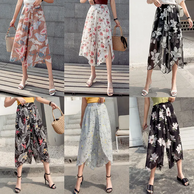

Summer film printed with nine points beach pants pants chiffon flower female easy to jilt culottes thin student han edition