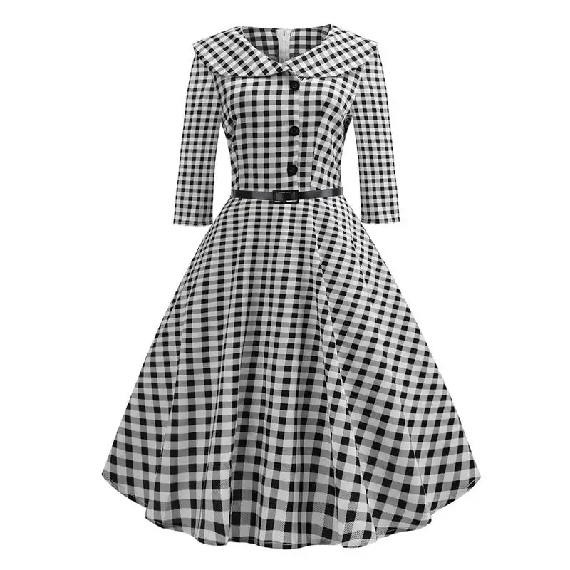 

Ladies's Dress Plaid Printing Buttoned Piecing Vintage Style Dress A-line With Belt For Women