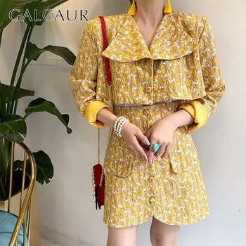 

GALCAUR Print Two Piece Set Women Lapel Long Sleeve Short Tops High Waist Mini Skirt Female Suit Spring 2020 Fashion New