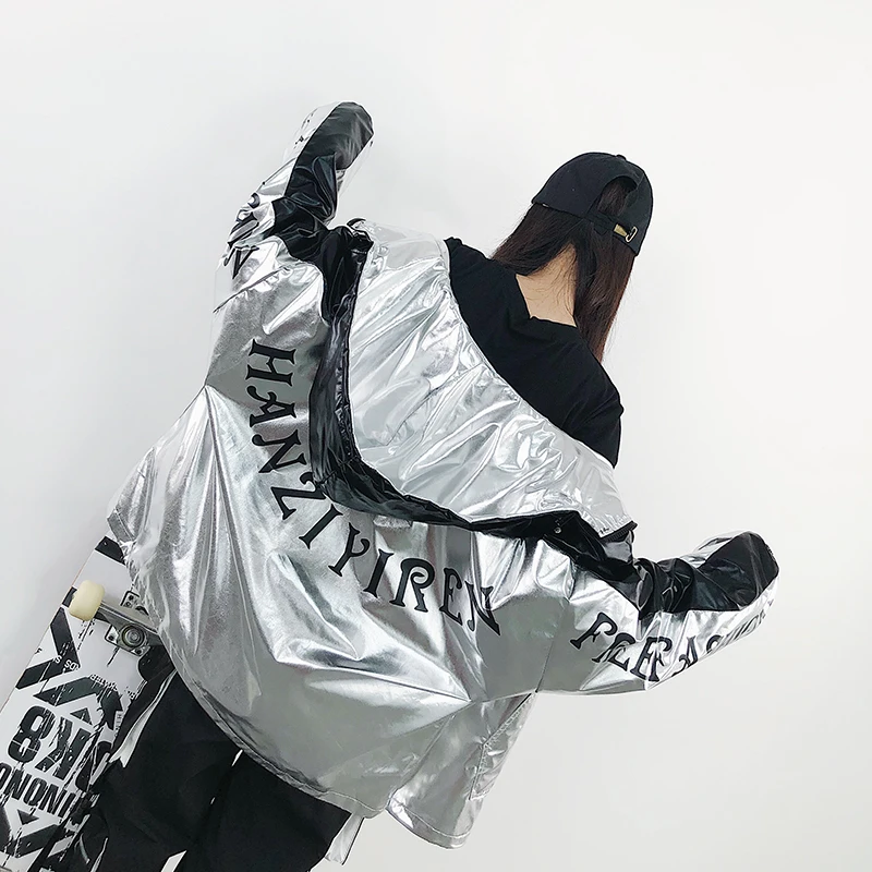 #3173 Hip Hop Jacket Windbreaker Silver Spliced Color Hooded Bomber Coat Women Bat Sleeved Letter Printed Plus Size Jacket Loose