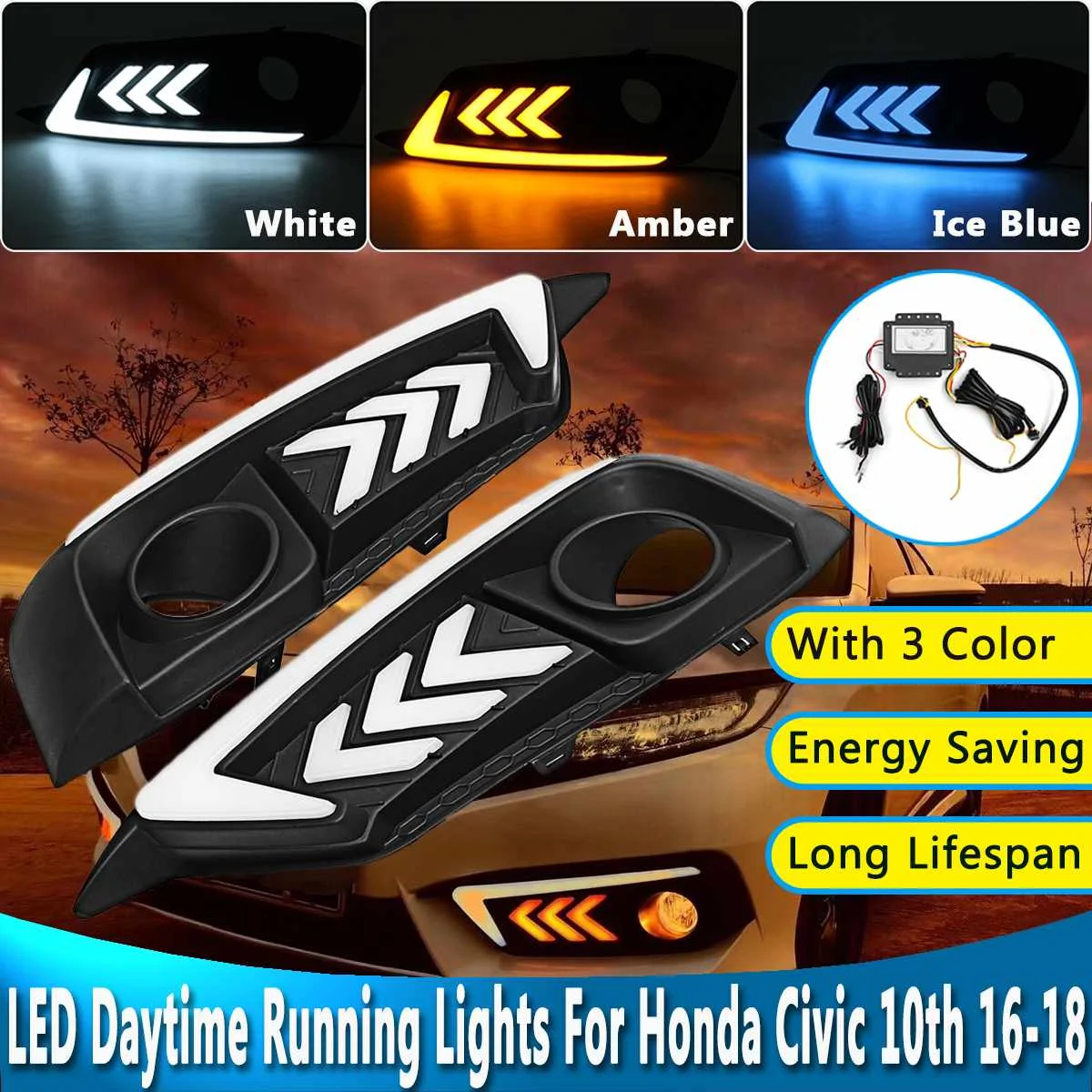 

White Blue Amber Color LED DRL Daytime Running Lamps Turn Signal Fog Lights for Honda for Civic 10th 2016-2018