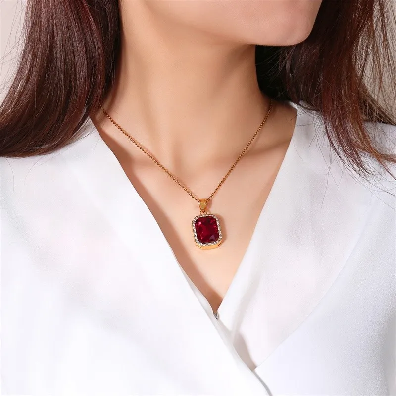 

Rainbow CZ Stones Necklace Red Pendant Bridal Crystal Wedding Jewelry Gifts For Women Gold Stainless Steel Chains in 20inch