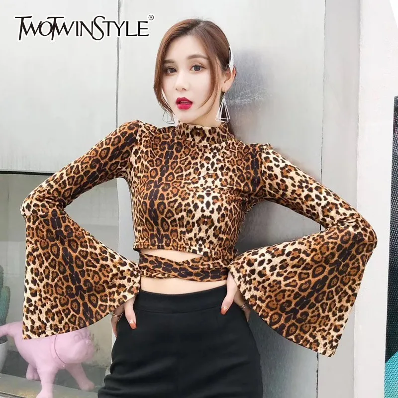 

TWOTWINSTYLE Leopard Print T-shirts Women Flare Long Sleeve Hollow Out Slim Crop Tops Female Vintage Fashion Korean 2019 Autumn