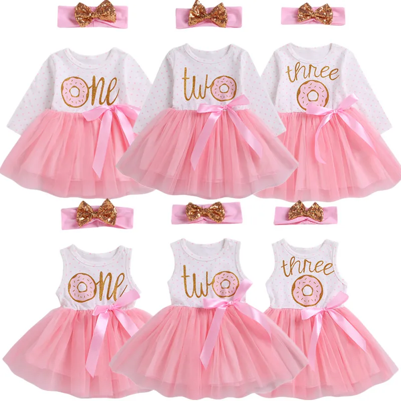

1st/2nd/3rd Birthday Baby Girls Donut Polka Dot Tulle Tutu Princess Party Dress 2pcs