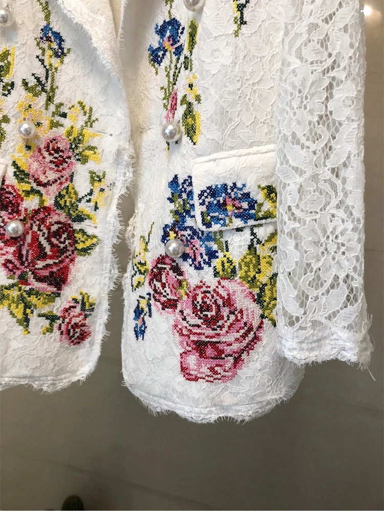 2019 Autumn White Lace Blazer Women Long Sleeve Flower Embroidery Pearls Notched Blazer  OL Work Suit Jacket Coat Outerwear