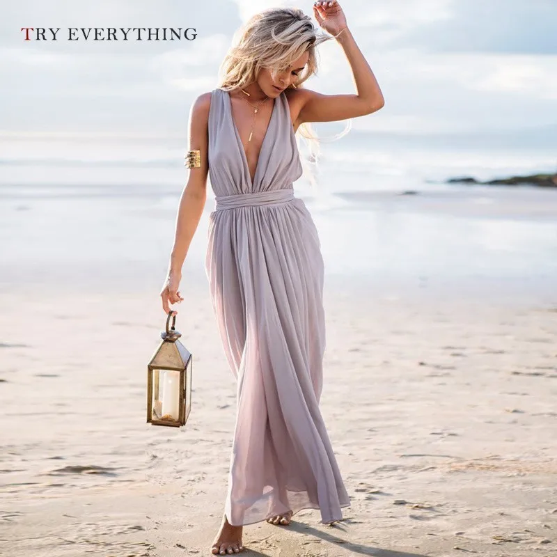 

Purple Sexy Boho Dress Women Summer 2019 New V Neck Maxi Beach Dress Chiffon Ladies Backless Sleeveless Long Dresses For Women