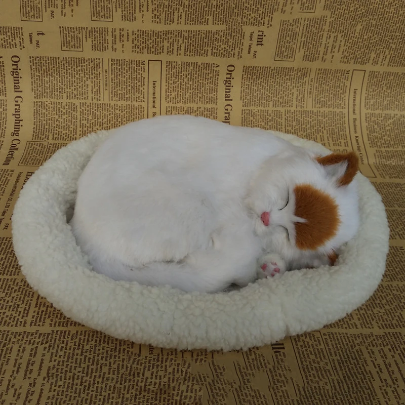 

Cute Sleeping/Breathing/Bark Plush Cat On Mat Stuffed Animals House Home Decor