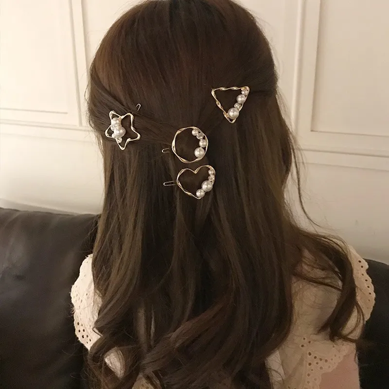 Корейские круглые заколки с сердечками и звездами, женские золотые заколки с искусственным жемчугом, заколки для волос, аксессуары для волос, ювелирные изделия для девушек, модные заколки для волос