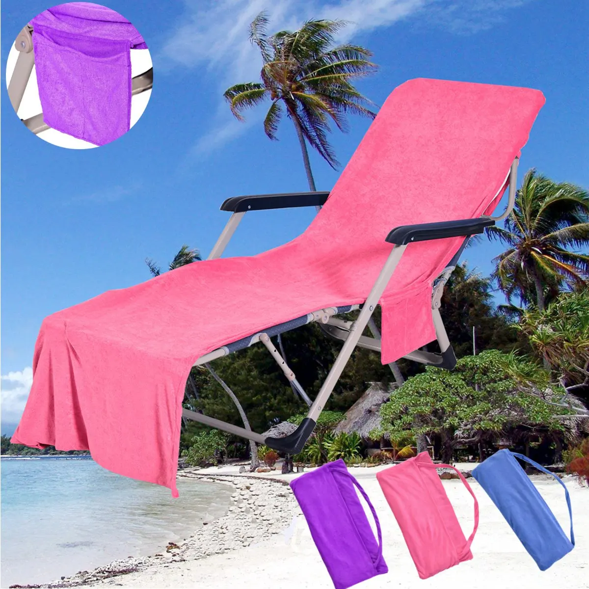 

Sun Lounger Mate Beach Towel Chair Cover With Pockets Carry Bag For Holiday Garden Pink Blue Purple White 4 Color