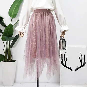 

Ladies Sweet Preppy Style Skirts Women Sequins Irregular Ball Gown Skirts Asymmetrical Mid-calf Solid Skirts Casual Empire Skirt