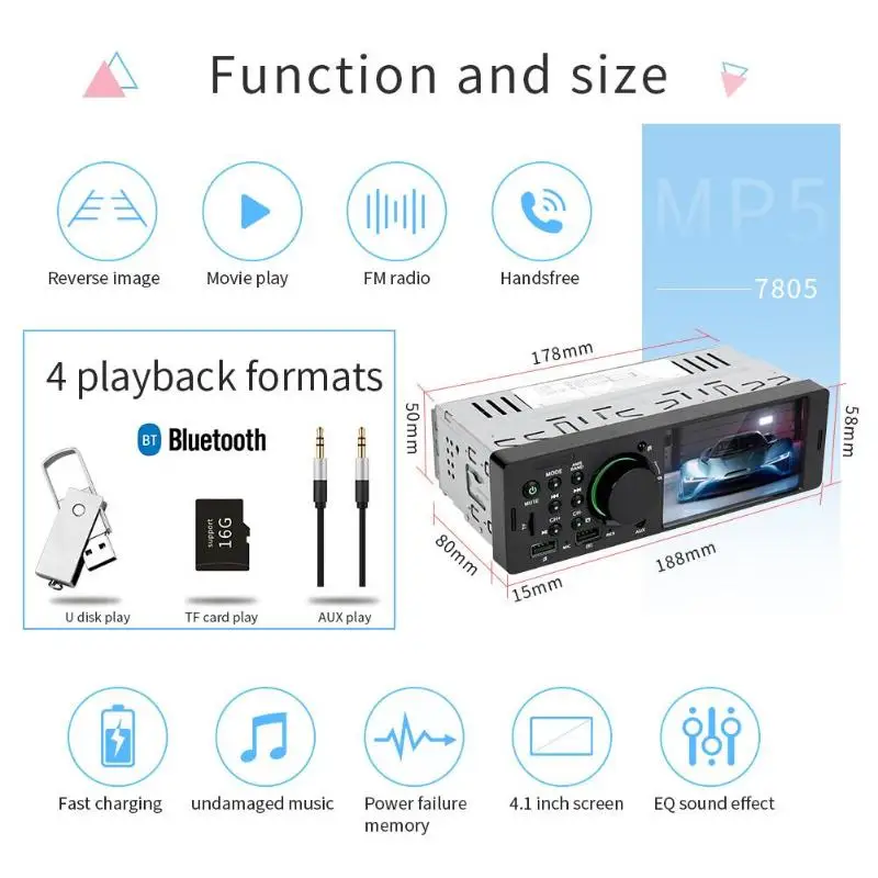 7805 1Din Car Stereo MP5 Player 4.1 Inch HD TFT Screen In-dash With Xiaomi Remote Control FM Radio BT4.0 Dual USB AUX RCA U Disk