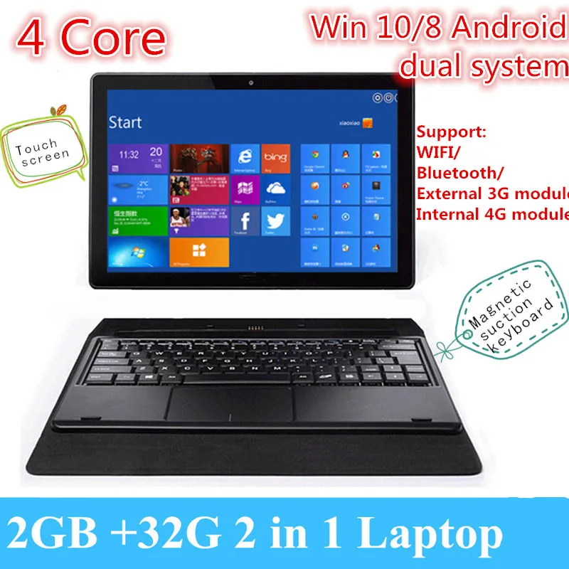 

2 in 1 10 inch Dual-Boot Windows10 Android Touchscreen Tablet Computer Magnetic Suction Keyboard Case Quad-Core1.33 2GB+32GB