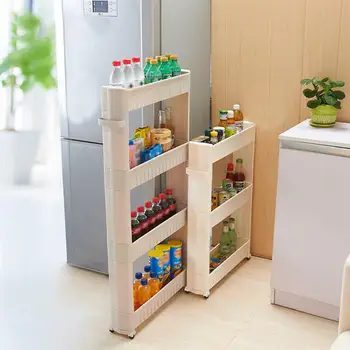 

3-Tier Gap Storage Slim Slide Out Storage Tower Rack Shelf with Wheels for Home Kitchen (Ivory)