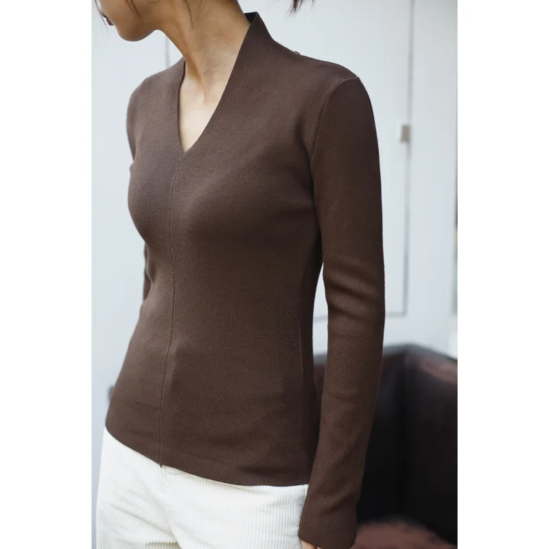 

Women Knitted V Neck Tops Slim Fit Brief Ribbed Sweater Top Basic