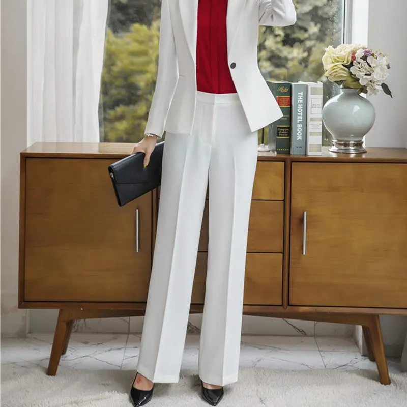 

Plus Size Fashion Women Wide Leg Pants Spring OL Ladies Office Trousers Slim Mid Waist Black White Trousers
