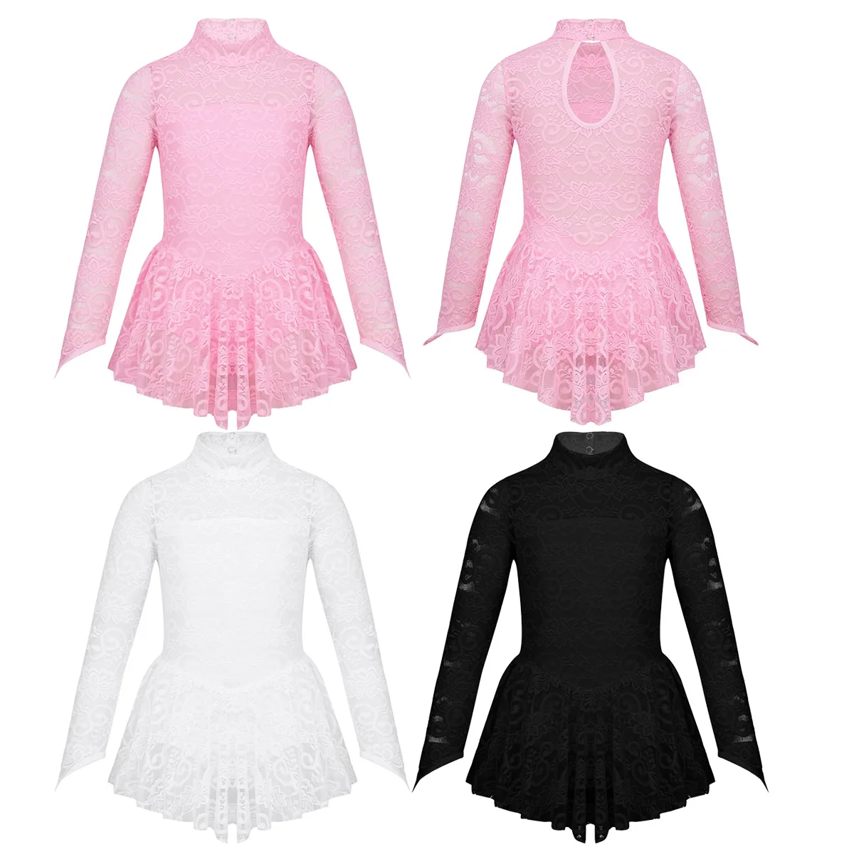 

Girls Long Sleeve Ballet Dress Figure Skating Dress Turtleneck Lace Ice Skating Dress Gymnastics Leotard Dance Costume for Kids