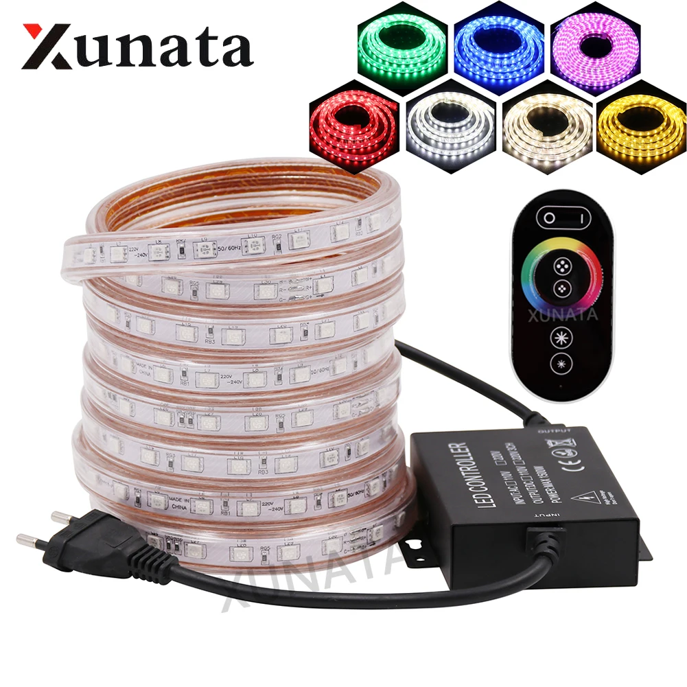 #cheap 5050 RGB LED Strip Waterproof 220V EU Touch Remote 24Key LED Light Lamp 60LEDs m 120LEDs m Double Row Flexible Tape LED Light