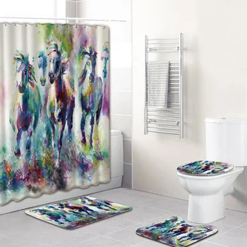 

Non Slip Mat for Bedroom 4pcs Shower Curtains Set 3D Carpets for Living Room Bath Mats Printing Horse Bathroom Rug Home Decor