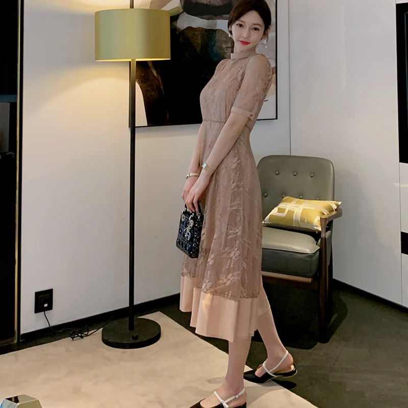 

Women summer new wear han edition small and pure and fresh temperament two-piece waist splicing see-through lace dress