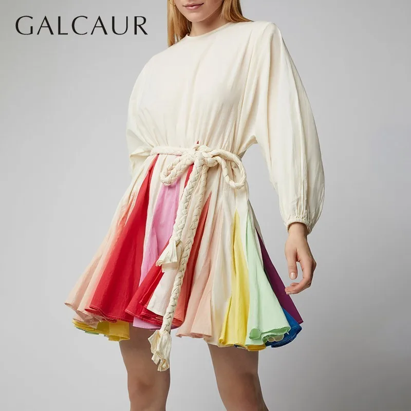 

GALCAUR Beach Dress For Women O Neck Lantern Sleeve High Waist With Sashes Patchwork Hit Color Dresses Female 2019 Fashion New