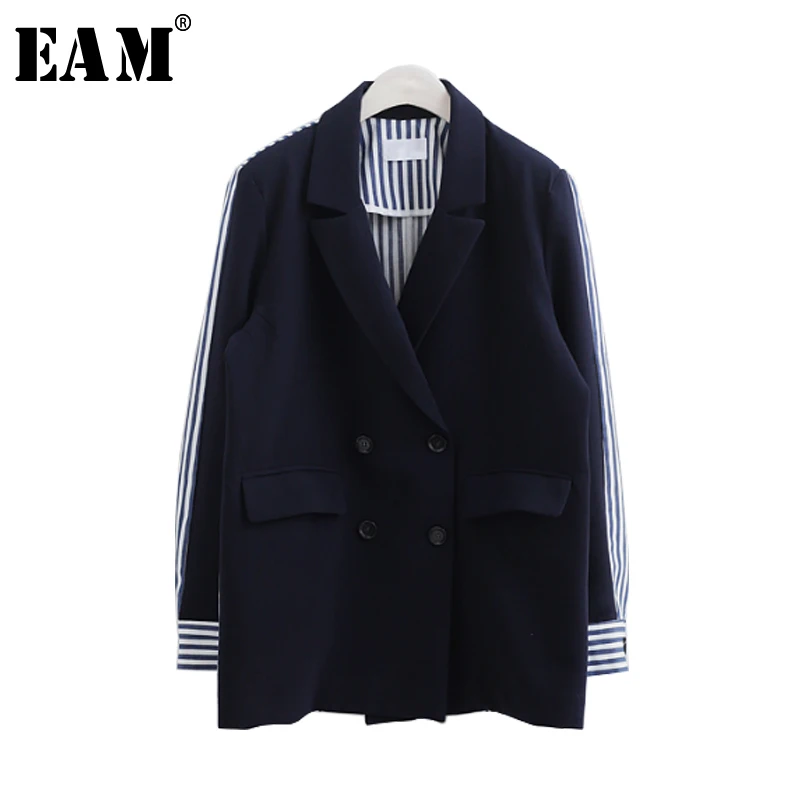 

[EAM] 2019 Spring Summer Fashion Full Sleeve Striped Spliced Turn-down Collar Double Breasted New Jacket Women's Coat LA100