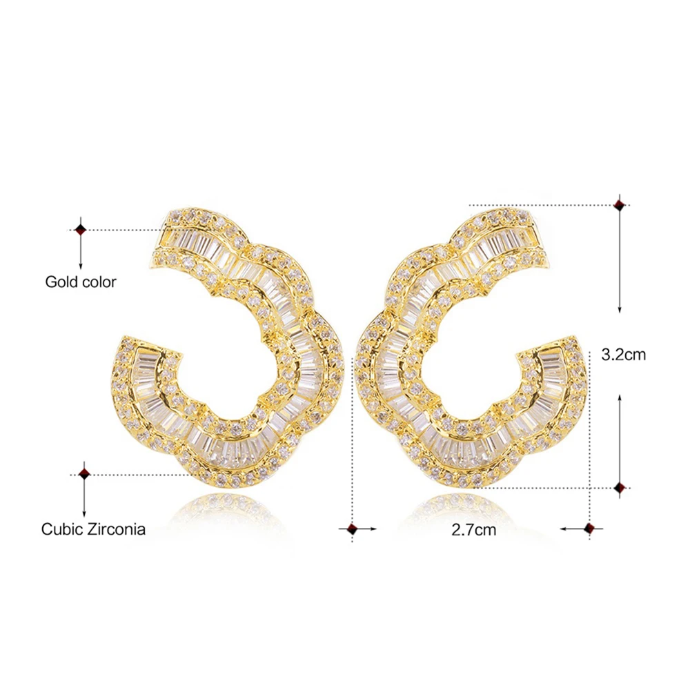 Luxury Curve Shape Jewelry Big Stud Earrings Trendy White/Gold-Color Shiny CZ Crystal Large earrings for Women