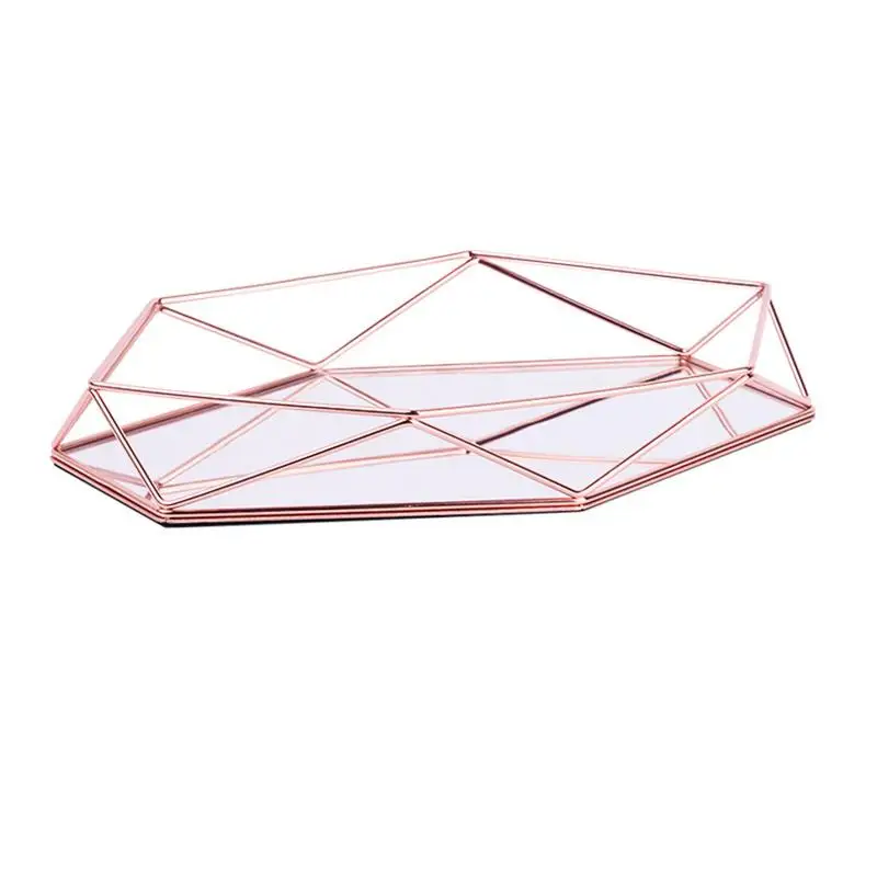 Retro Golden Storage Tray Polygon Glass Makeup Organizer Tray Dessert Snack Plate Jewelry Display Stand HolderHome Kitchen Decor