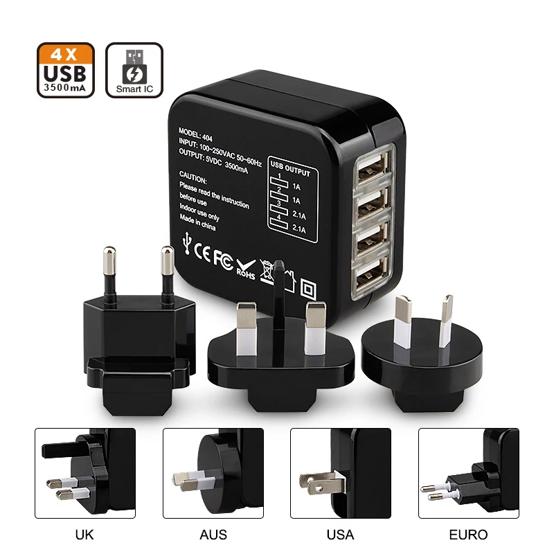 Universal Travel Charging Adapter with 4 USB Port Socket for World Travel
