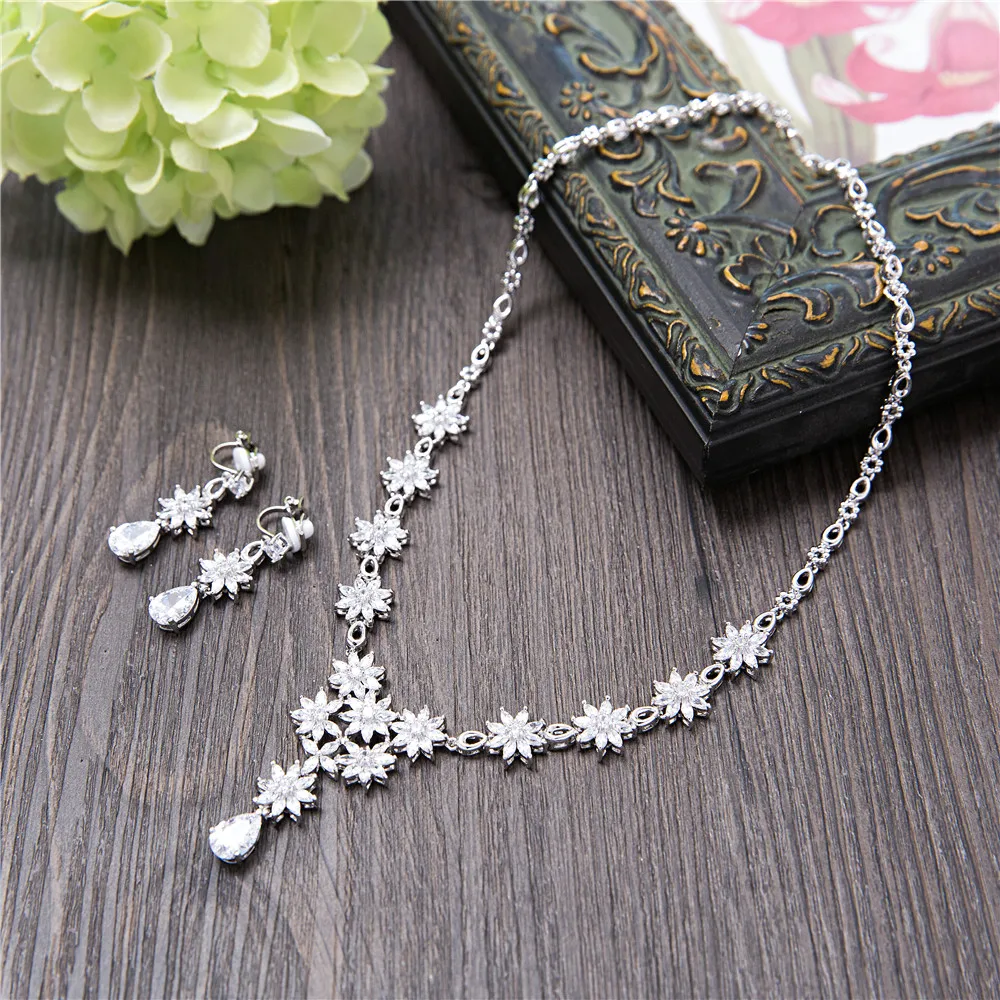 

AAA Clear Zircon Marquise Flower Necklace Pendant Wedding Anniversary Jewelry Set Women Drop Earrings Cubic Zirconia Jewellery