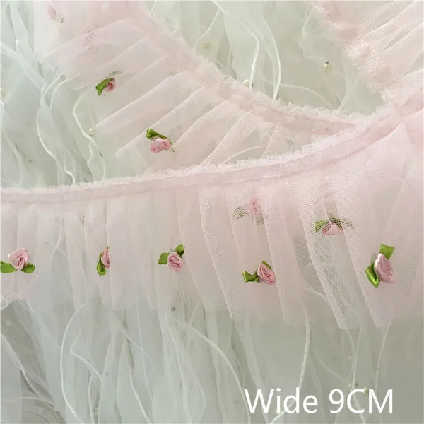 

9CM Wide Luxury Tulle 3D Flowers Pleated Lace Applique Embroidered Ribbon Princess Dress Curtain DIY Crafts Sewing Fringe Decor