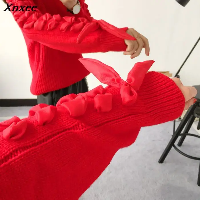 Xnxee Apricot Sleeve Lace Up Loose Sweater 2019 Fall Women New Red Sweaters thick Pullovers Knitted Tops