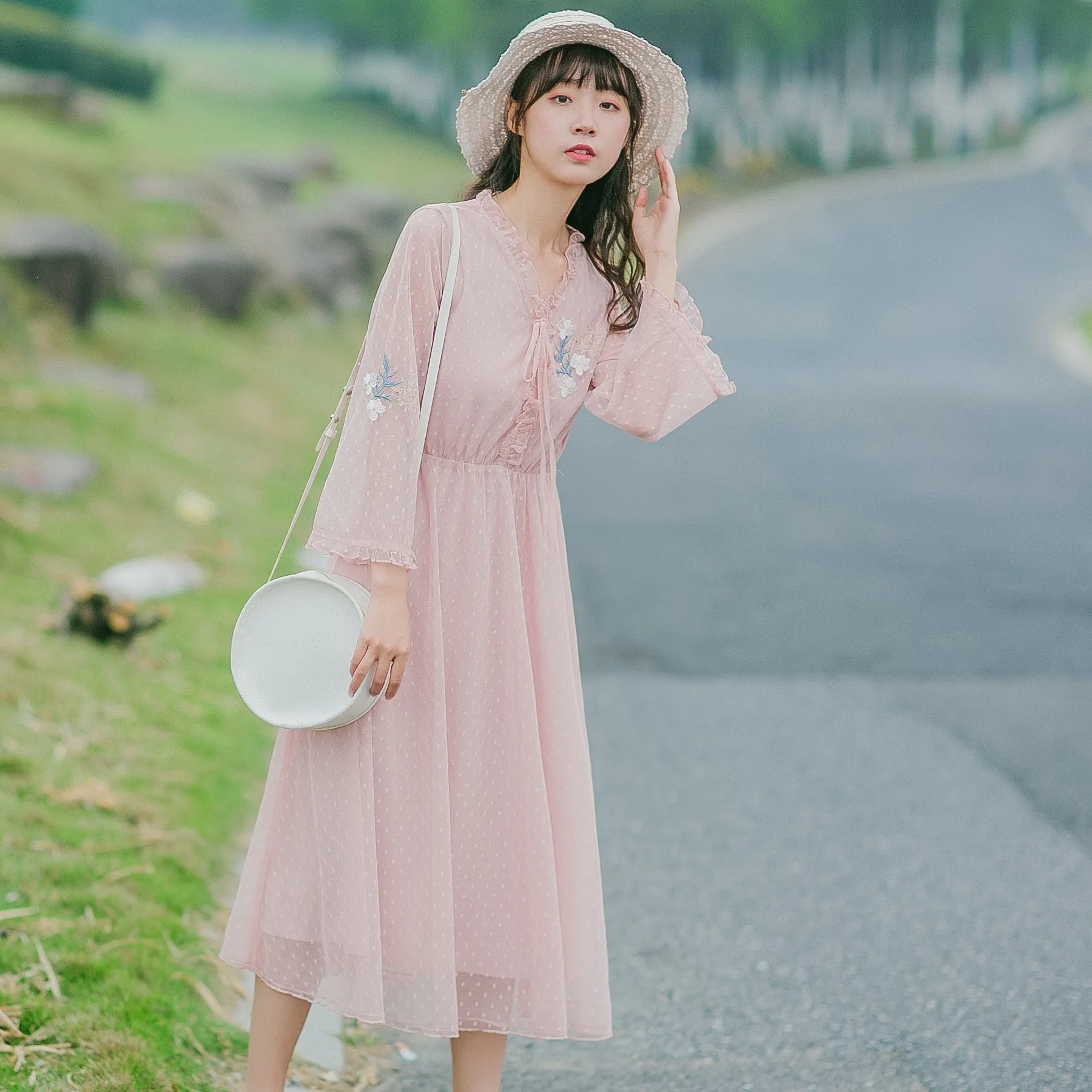 

New Vintage Women dress Flare Sleeve Chiffon Literature And Art In Long Gentle Wind Dresses Grapefruit Powder 9263