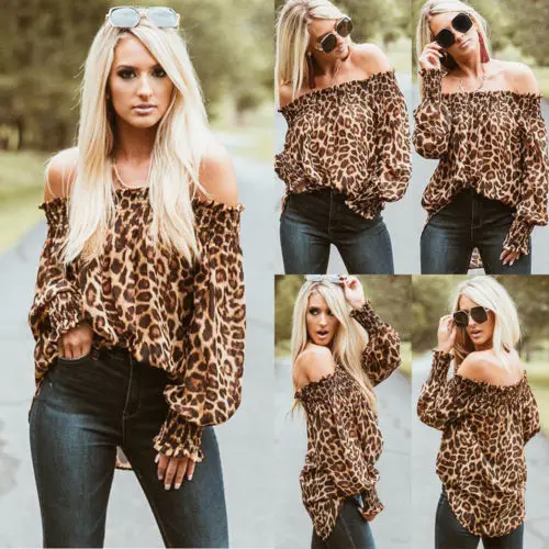 

Slash Neck Women Shirts Hot Leopard Print Long Sleeve Off Shoulder Casual Fashion Shirt Loose Summer Tops