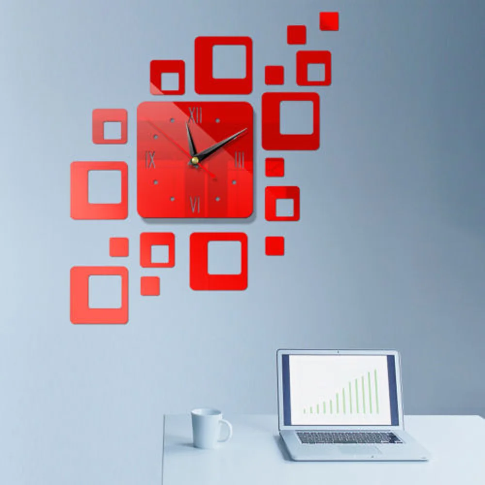 

Wall Sticker Clock Acrylic Modern Large Square Mirror Surface DIY Wall Clock Home Office Room Decoration Red Black Silver