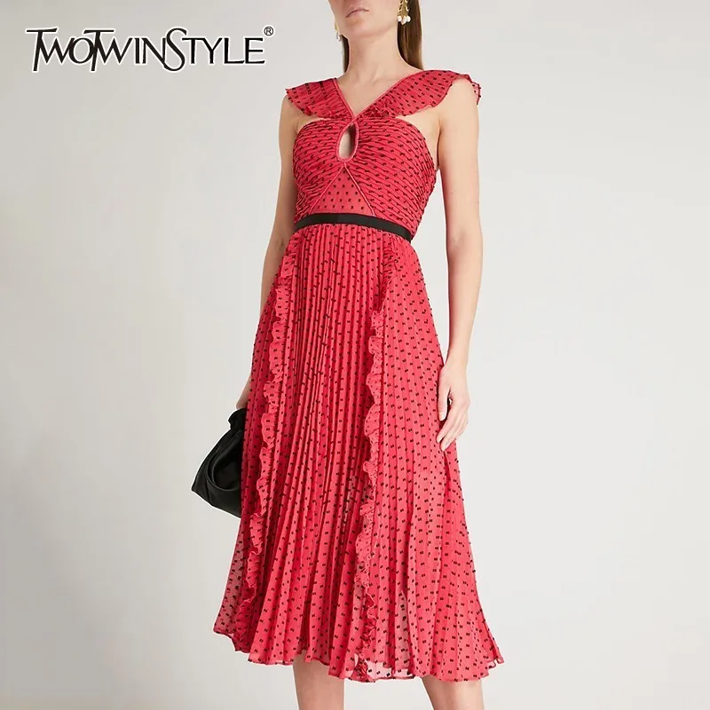 

TWOTWINSTYLE Polka Dot Off Shoulder Sexy Dress Women Strap v Neck Ruffles Patchwork Hollow Out Pleated Dresses Female Summer New