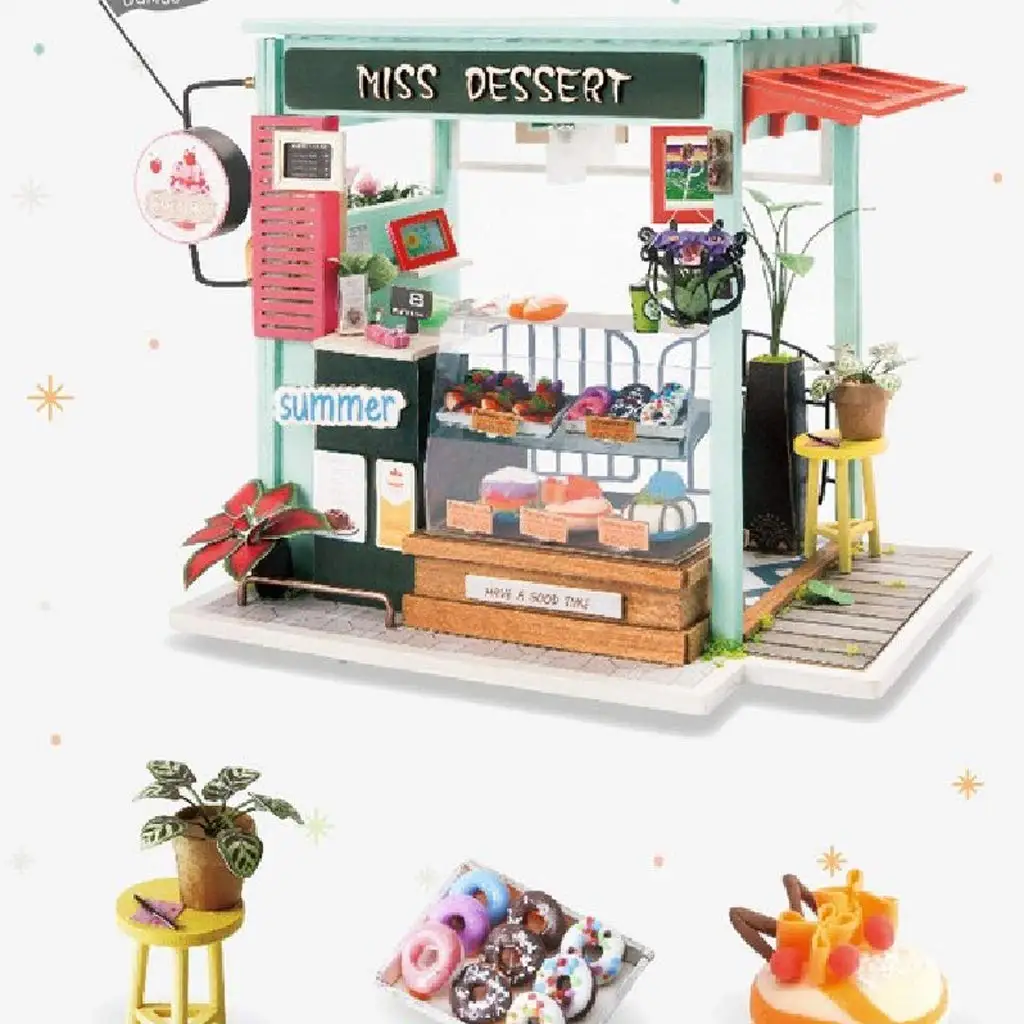 1/24 Miniature Dollhouse Kit DIY Wooden Doll House Dessert Shop Model with LED Lights Educational Toys Gift for Children Adult